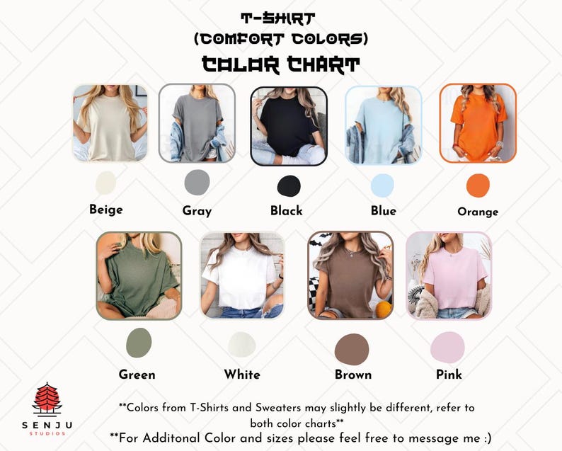 Puede incluir: Carta de colores para camisetas en varios colores, incluyendo beige, gris, negro, azul, naranja, verde, blanco, marr&oacute;n y rosa. La carta incluye una muestra de cada camiseta de color y el texto "T-Shirt (Comfort Colors) Carta de colores".