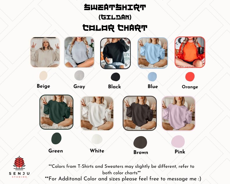 Puede incluir: Carta de colores para sudaderas de la marca Gildan. La carta muestra 10 colores diferentes: beige, gris, negro, azul, naranja, verde, blanco, marr&oacute;n y rosa. Cada color est&aacute; representado por una foto de una persona que lleva una sudadera de ese color.