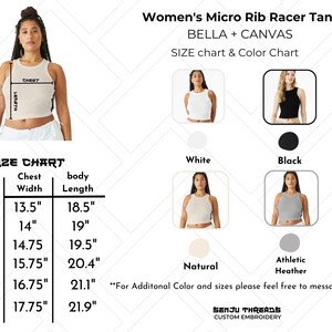 May include: A woman wearing a natural-colored micro rib racer tank top. The image includes a size chart with chest width and body length measurements in inches. Additional tank top colors are white, black, and athletic heather.