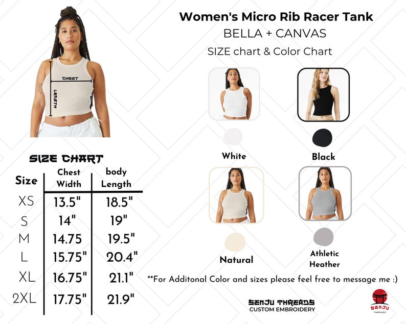 May include: A woman wearing a natural-colored micro rib racer tank top. The image includes a size chart with chest width and body length measurements in inches. Additional tank top colors are white, black, and athletic heather.