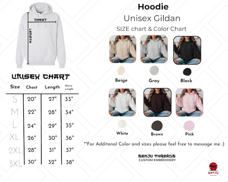May include: A white Gildan hoodie with a size and color chart. The chart shows chest, length, and sleeve measurements in inches. Available colors include beige, gray, black, white, brown, and pink. The text "Unisex" is displayed.