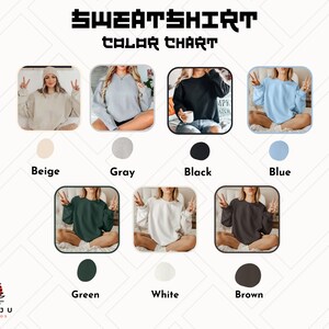 Puede incluir: Carta de colores para sudaderas en beige, gris, negro, azul, verde, blanco y marr&oacute;n. La carta muestra a una modelo usando cada color de sudadera.