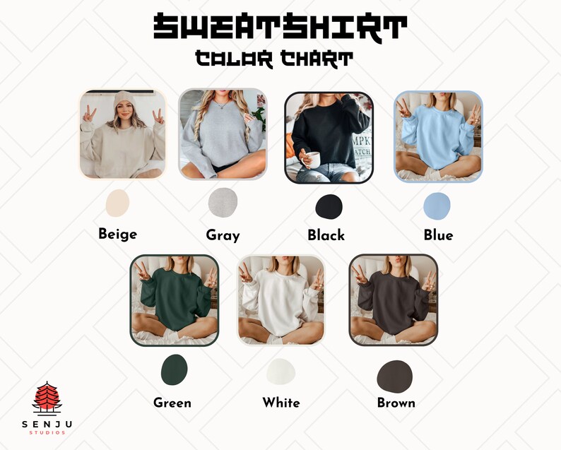Puede incluir: Carta de colores para sudaderas en beige, gris, negro, azul, verde, blanco y marr&oacute;n. La carta muestra a una modelo usando cada color de sudadera.