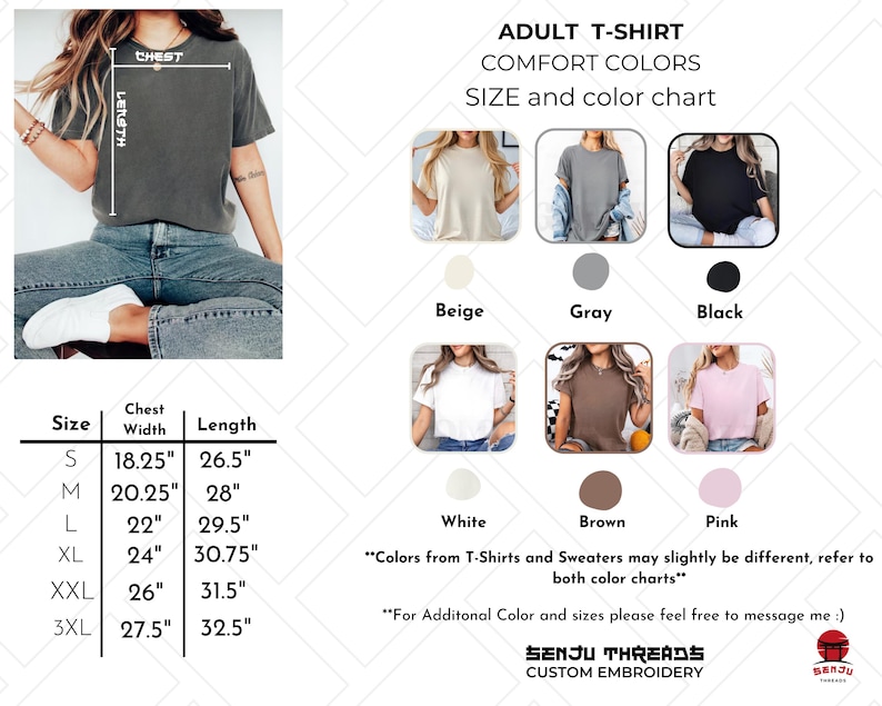 May include: A size and color chart for adult t-shirts, featuring various colors like beige, gray, and black. The chart includes chest width and length measurements in inches for sizes S through 3XL. The text reads "ADULT T-SHIRT COMFORT COLORS SIZE and color chart."
