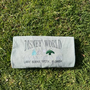 Puede incluir: Una camiseta azul claro con el texto "Disney World Established 1971 Lake Buena Vista, Florida" bordado en negro. La camiseta tambi&eacute;n presenta im&aacute;genes bordadas del castillo de Disney World, Spaceship Earth y el &Aacute;rbol de la Vida.