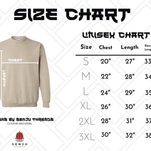 Puede incluir: Tabla de tallas unisex para una sudadera con medidas en pulgadas para el pecho, la longitud y la longitud de la manga. La tabla muestra las tallas de la S a la 3XL.