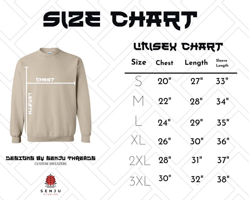 Puede incluir: Tabla de tallas unisex para una sudadera con medidas en pulgadas para el pecho, la longitud y la longitud de la manga. La tabla muestra las tallas de la S a la 3XL.