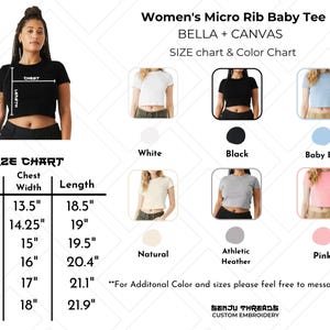 K&ouml;nnte beinhalten: Ein schwarzes Micro-Rib-Baby-T-Shirt von Bella + Canvas. Das Bild zeigt eine Gr&ouml;&szlig;entabelle mit Brustbreiten- und L&auml;ngenma&szlig;en in Zoll. Farboptionen sind Wei&szlig;, Schwarz, Babyblau, Natur, Athletic Heather und Pink.