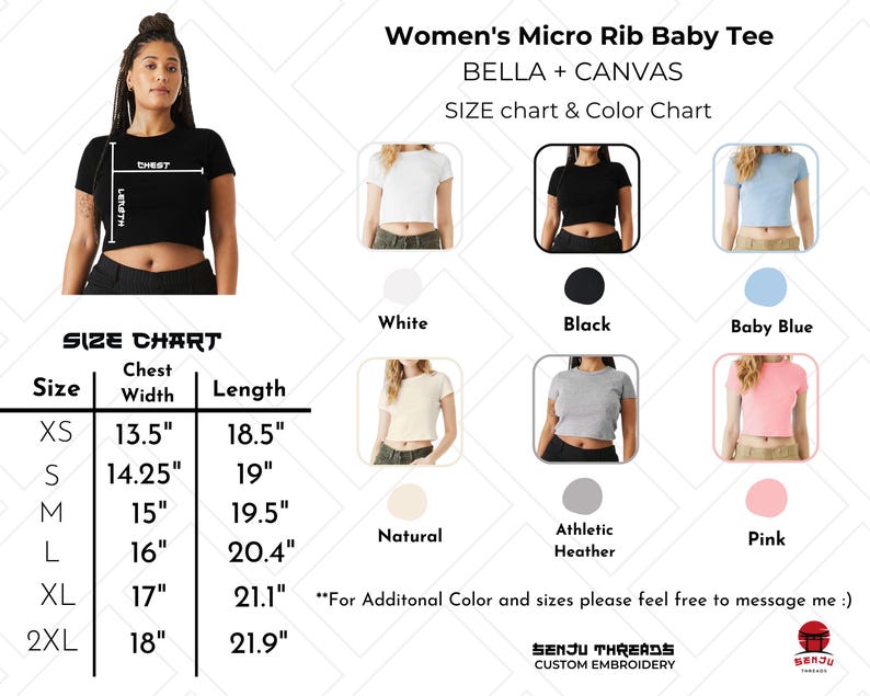 K&ouml;nnte beinhalten: Ein schwarzes Micro-Rib-Baby-T-Shirt von Bella + Canvas. Das Bild zeigt eine Gr&ouml;&szlig;entabelle mit Brustbreiten- und L&auml;ngenma&szlig;en in Zoll. Farboptionen sind Wei&szlig;, Schwarz, Babyblau, Natur, Athletic Heather und Pink.