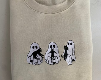Sudadera de cuello redondo con gato fantasma bordado: una sudadera espeluznante para Halloween