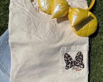 Vintage Leopard Print Minnie Bow Embroidered Pocket Tee