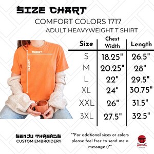 Puede incluir: Tabla de tallas para camisetas pesadas para adultos en Comfort Colors 1717. La tabla muestra las medidas de ancho de pecho y largo en pulgadas para las tallas S, M, L, XL, XXL y 3XL.