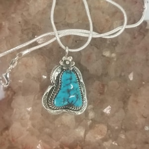 Vintage Navajo Turquoise Pendant Necklace Sterling Silver Sleeping Beauty w Chain c1970 17.2g