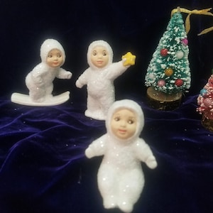 Vintage Mica Snow Babies Trio Bisque Mica Hand Painted Figures c1950 Old World Christmas Antique Christmas Decor