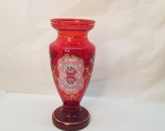 Large Ruby Glass Vase, Vintage Hand Blown Bohemian Ruby Glass, Hand Painted Detail with 22kt Gold Signed