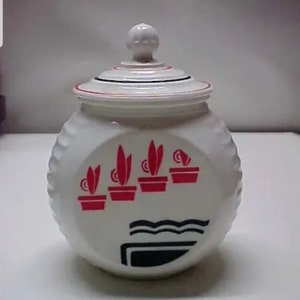 Fire King Grease Jar with Lid Potted Cactus Black Red Mid Century Kitchen Farmhouse Kitchen