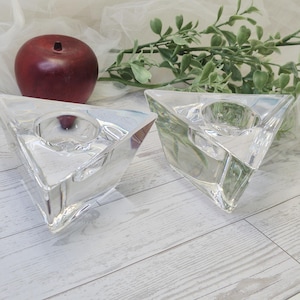 ORREFORS Sweden Crystal Votive Candleholders 2 Triangular Prismatic Signed New Old Stock