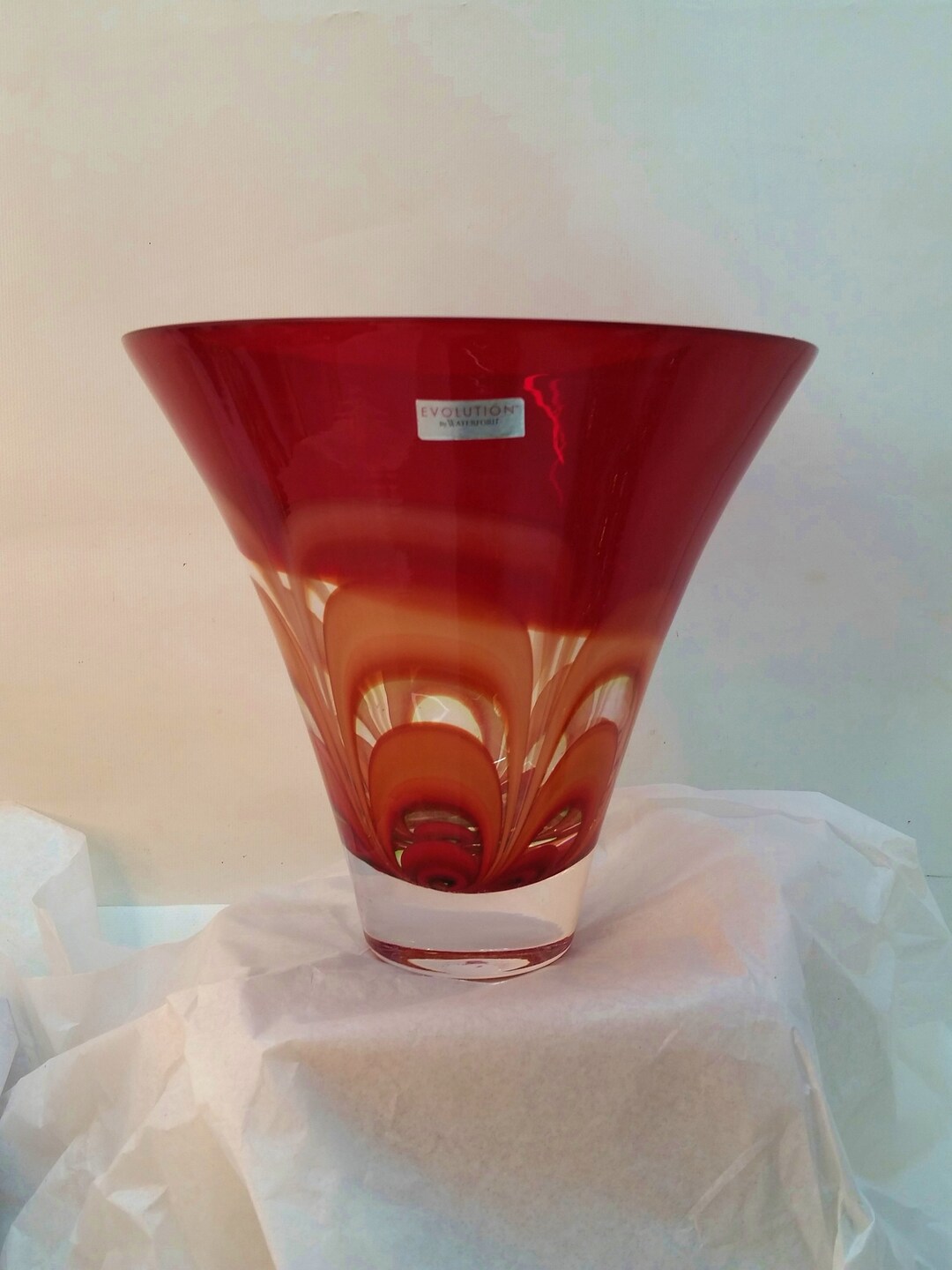 Waterford EVOLUTION Art Glass Vase Rich Red Amber Gold Designs Stunning