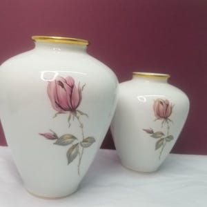 German Rosebud Vases Pair Vintage German Porcelain Gold Detail 20th Century Art Deco