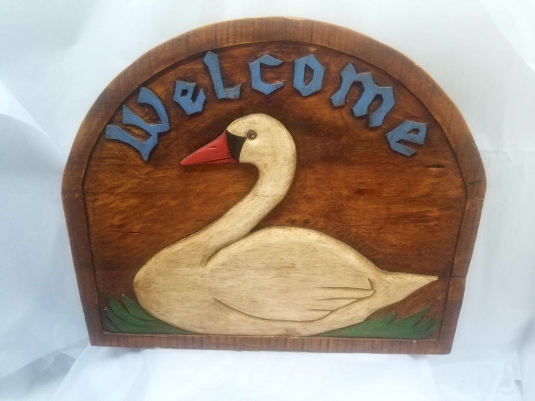 Swan Welcome Sign Hand Carved Solid Wood Vintage Lodge Lake Cabin Decor ...