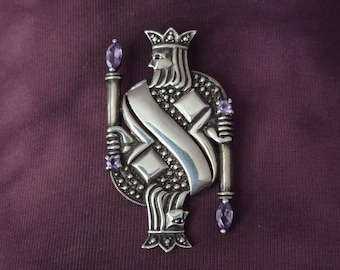 Amethyst King Of Diamonds Brooch Lapel Pin Vintage 925 Sterling Silver 19.3g