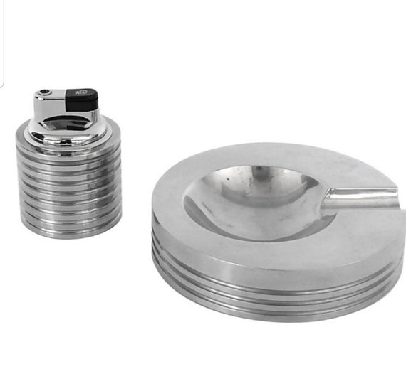 Streamline Moderne Cigar Ashtray Lighter Set Piston Turned Cast Aluminum Mod Industrial Cigar Lighter Set Gift for Dad