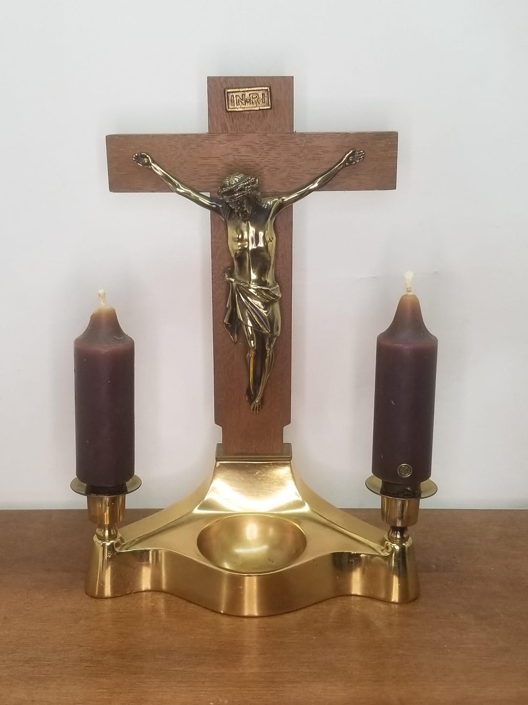 Altar Crucifix Vintage Germany Brass Candle Holders Holy Water Vessel ...