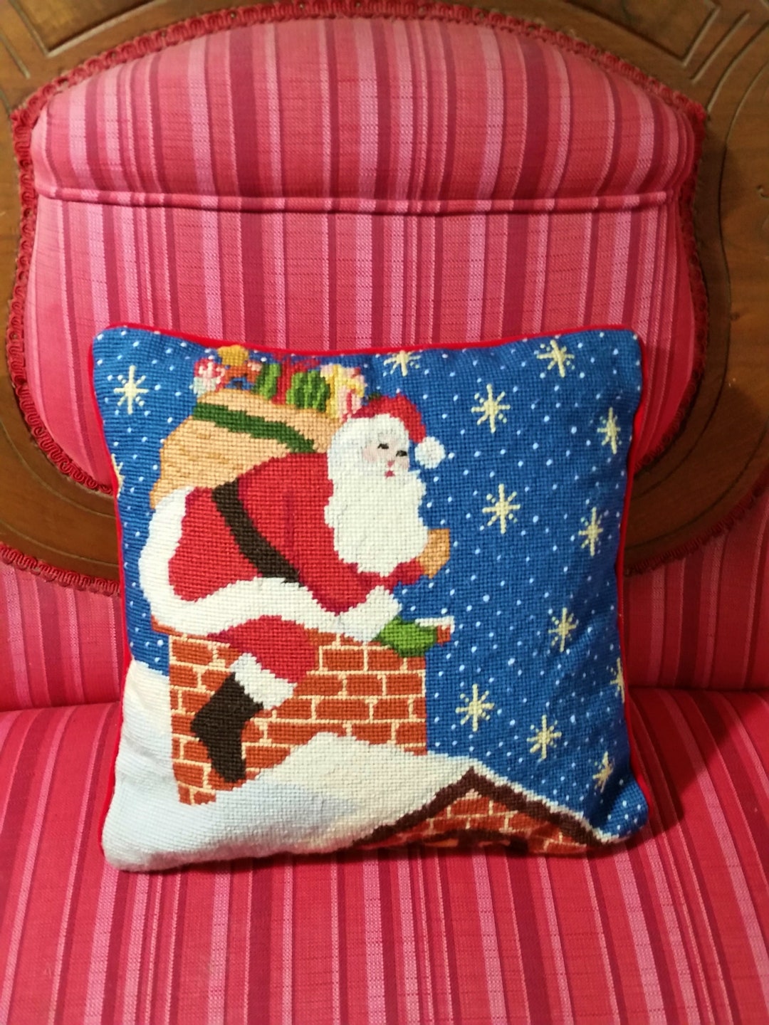 Vintage Needlepoint Christmas Pillow Santa Claus Hand Work Etsy