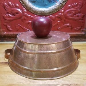 May include: A copper bowl with two handles sits on a wooden surface. A red apple sits on top of the bowl.