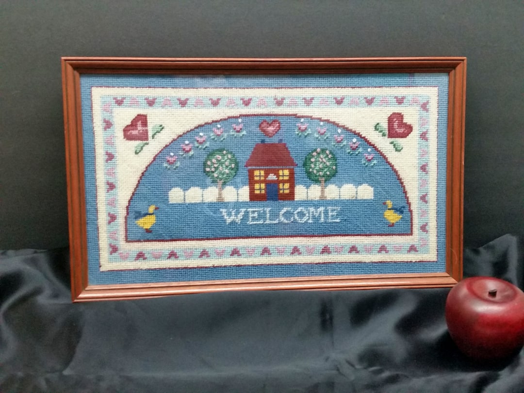 Stunning Folk Art Needlepoint Framed, Farmhouse Decor