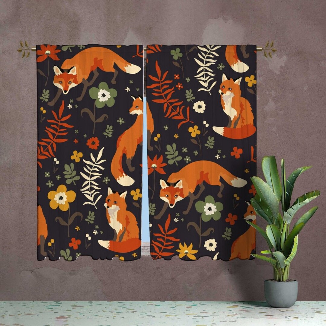 Cottagecore Style Window Curtains Fox Pattern Drapes Forest Animal