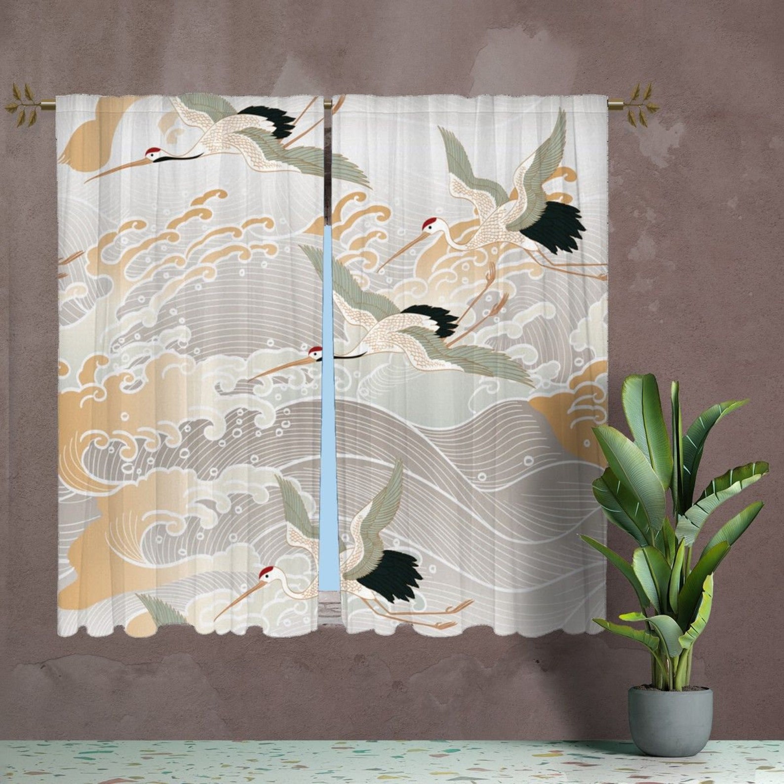 Japanese Curtain Panels Crane Birds Window Curtain Oriental Natural