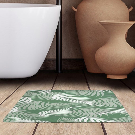 Sage Green Bath Mats Tropical Palm Leaves Bathroom Mat White and