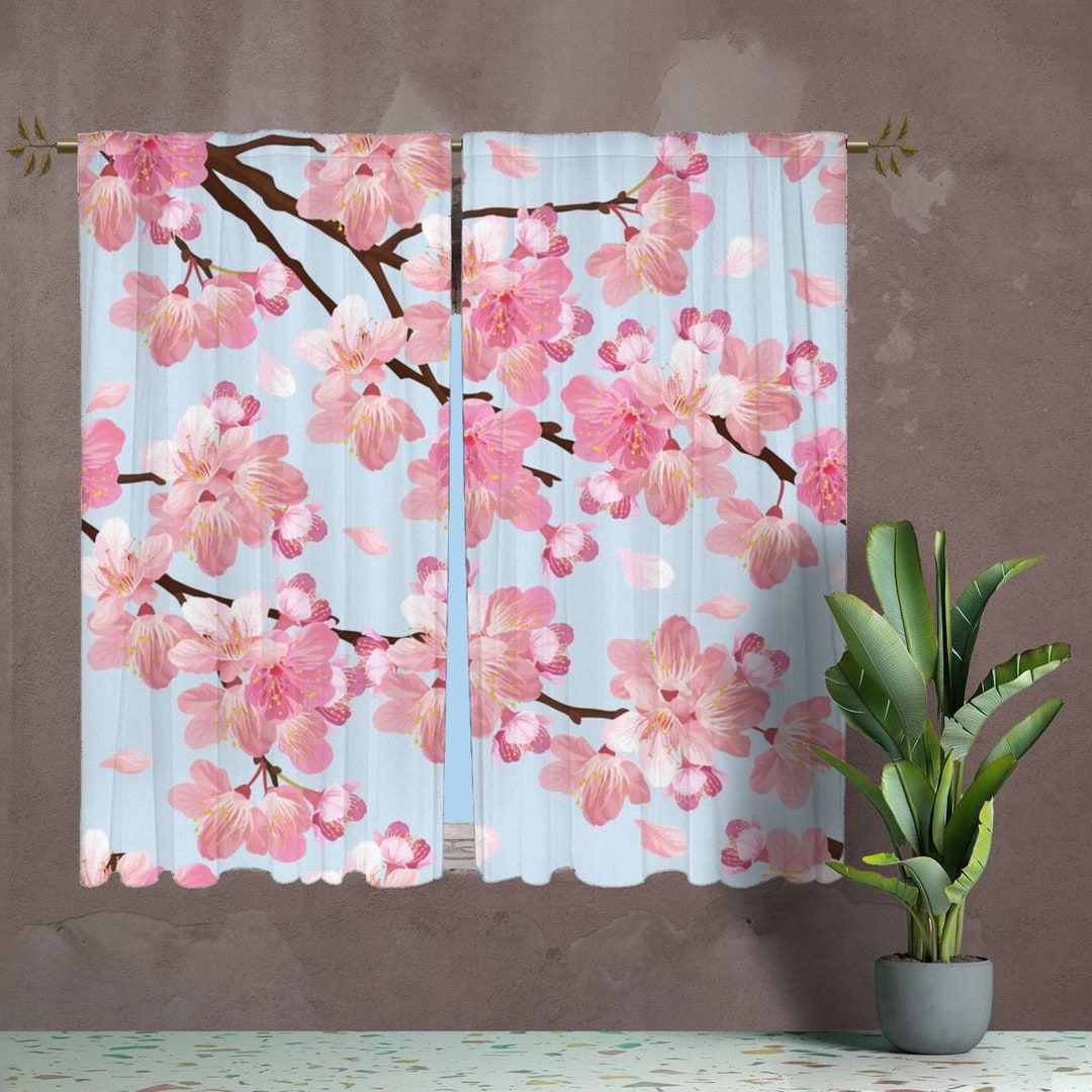 Cherry Blossom Curtain Panels Sakura Flowers Window Curtain Etsy