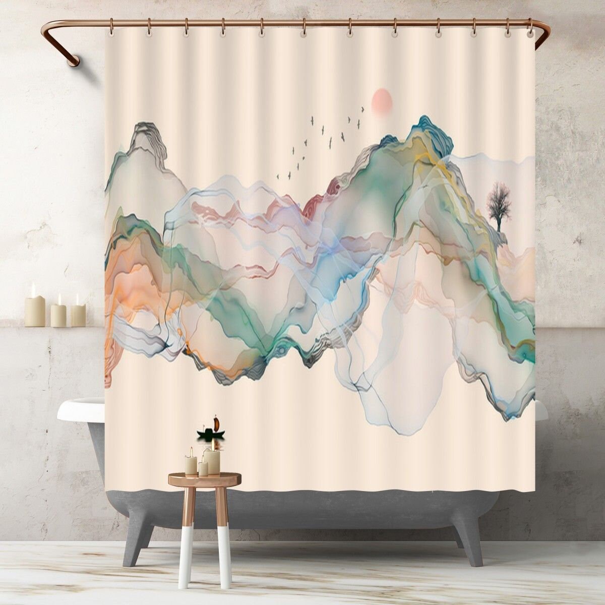 Mountain Shower Curtain Abstract Art Custom Bath Curtain Ink Etsy