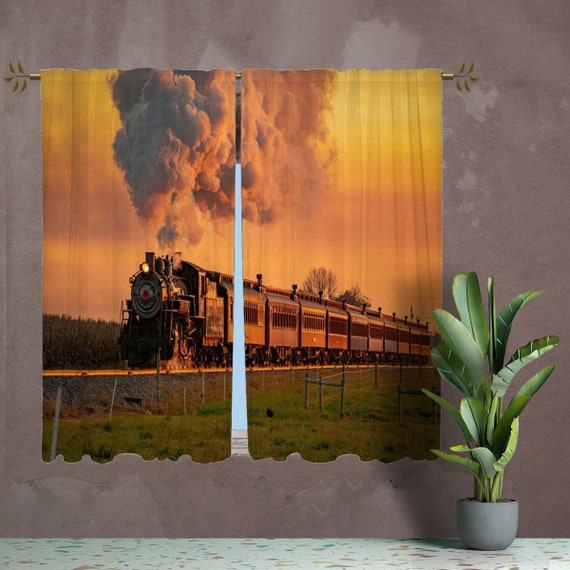Train Curtain Panels Orange and Green Window Curtain Steam Etsy
