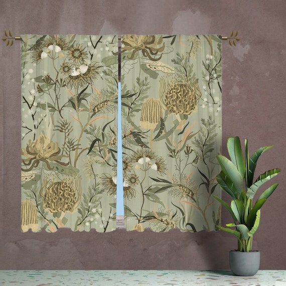 Green Floral Curtain Panels Botanical Window Curtain Vintage Etsy