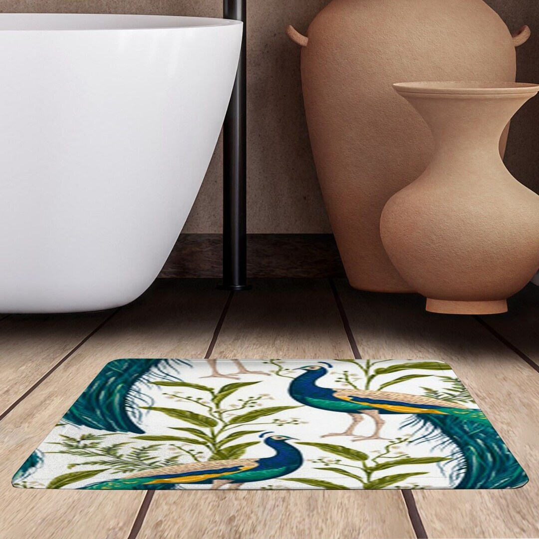 Peacock Bath Mats Bird of Paradise Bathroom Mat White Green Etsy