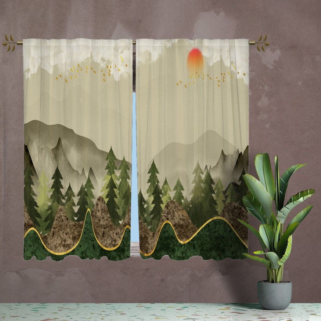 Mountain Curtain Panels Brown and Green Window Curtain Forest Etsy