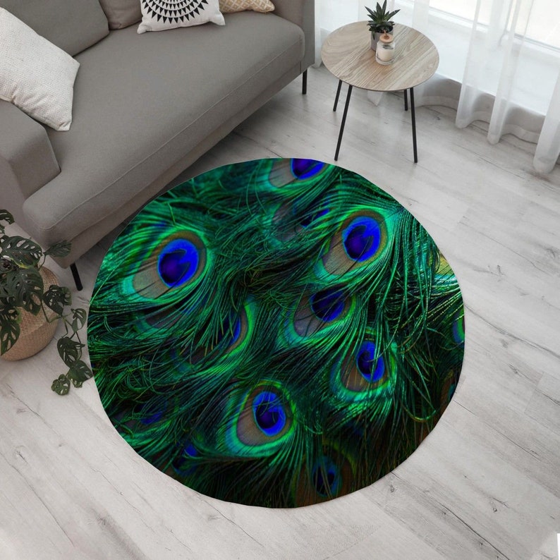 Peacock Circle Rugs Peafowl Feathers Round Rugs Colorful Etsy