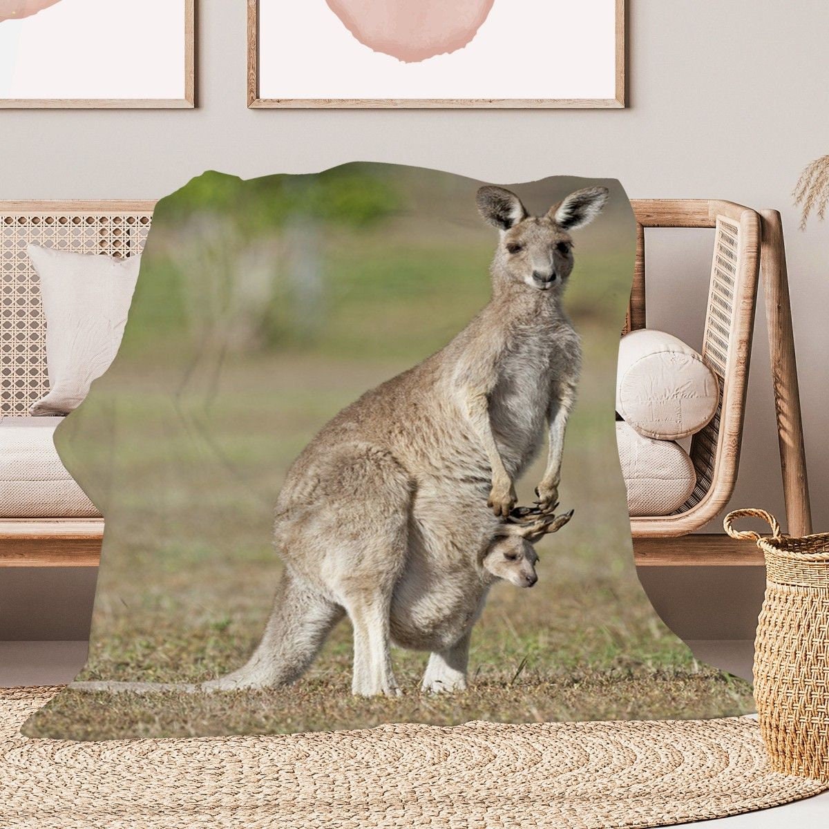 Kangaroo Throw Blanket Retro Kangaroo Koala Kids Room Waterhole 48 x 70in 