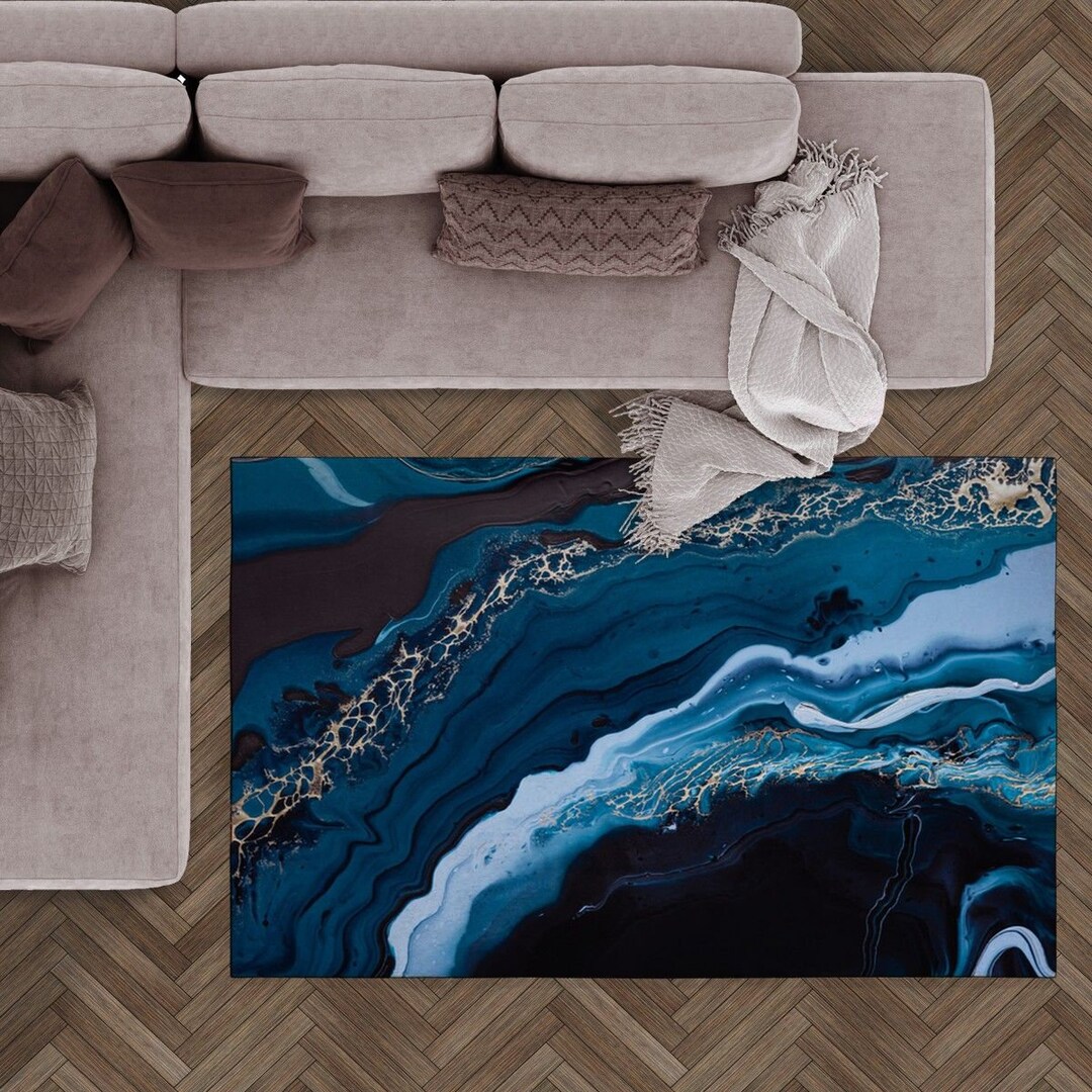 Dark Blue Marble Area Rugs Abstract Geode Carpets Ocean Inspired Floor