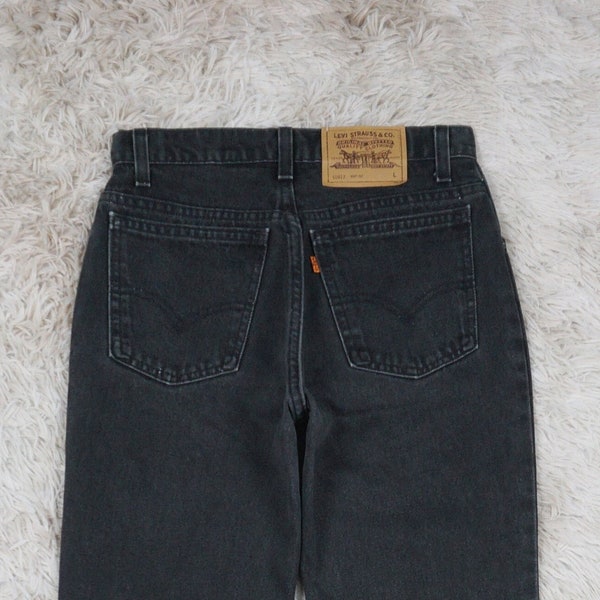 Vintage 90's Levi's 917 Jeans Mujeres US 7 JR High Rise Faded Black Denim Boot Cut Orange Tab 517 Hecho en USA Cintura 27.5