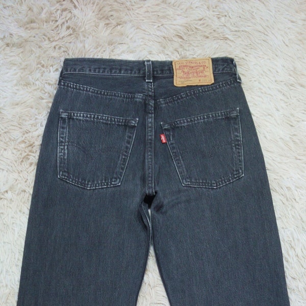 Vintage 90's Levi's 501 Jeans Waist 25.5 Distressed Faded Black Denim Straight Leg Button Fly Made in France W25.5 L28