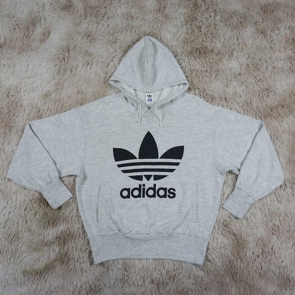 Vintage 90's Adidas by Descente Hoodie Men Small Heather Gray Trefoil Logo Cotton Poly Made in Japan