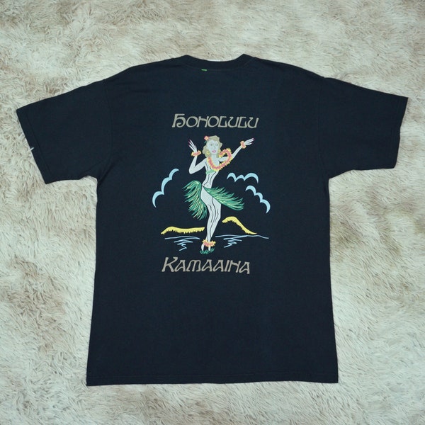 Vintage Kamaaina Honolulu T-shirt Hawaiiaans Hula Girl zwart katoenen T-shirt