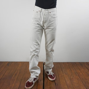 Vintage 90s Levi’s 501 White Button Fly Jeans Distress Made in Belgium Tapered Leg Style Size W27