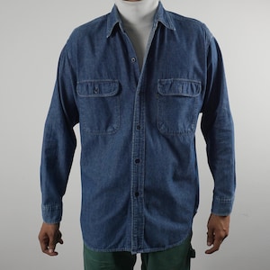 Vintage 90s Levi&#39;s Black Tab Button Down Denim Shirt Blue Medium Wash Made in USA Size Men&#39;s L