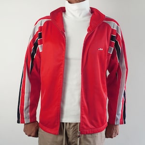 Vintage 90s Fila Red Polyester Made in Italy Size S Zipper Colorblock Jacket Fleece Windbreaker Men&#39;s Small to Medium Outerwear
