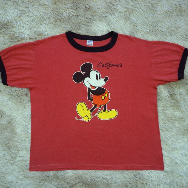 Vintage 80's Mickey Mouse T-Shirt Velva Sheen Ringer Disney Tee Size L Tshirt